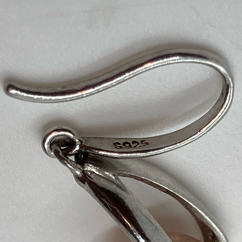 925 Sterling & Pink Pearl Curved Modernist Floating Pearl Hook Earrings | 1.1” - Picture 5 of 7